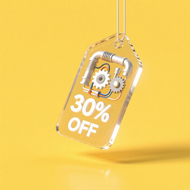 透明玻璃质感吊牌，内置金属齿轮与管道，3D工业风设计，科技感十足，黄色背景强化促销氛围，展现机能美学与折扣信息。