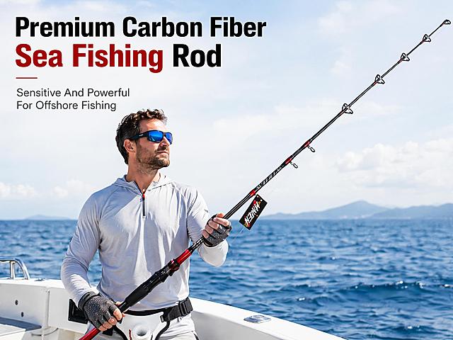 [第1屏] Main visual hero image for foreign website detail page, high carbon fiber sea fishing rod. This screen uses [image2] as the product main body.
[氛围/风格] Realistic offshore sea fishing scene, minimalist design, bright and clean, authentic fishing atmosphere, commercial high-definition photography.
[元素布局] European male angler stands on a fishing boat, holding the sea fishing rod, rod placed diagonally across the center of the picture, accounting for about 65% of the frame. The product structure, color, proportion and texture are 100% consistent with the input image. The background is blue sea and sky, the overall picture is bright, highlighting the product. Keep the product black and red color scheme.
[光影质感] Natural bright sunlight, soft shadow, clear texture on the rod, layered sense of distant sea and sky.
[配色色系] Overall natural light tone, background is light blue sea, global main background is light off-white #f5f5f5, main product color black with red accent.
[视角构图] Medium eye-level shot, product is the visual center, reading path from top to bottom.
[文字版式] Top main title "Premium Carbon Fiber Sea Fishing Rod", bottom subtitle "Sensitive And Powerful For Offshore Fishing", all text in English, main title bold, subtitle regular, text does not obscure the main product, clean layout.
[比例分辨率] 4:3 vertical proportion, width 1200, height 900, 4K resolution, clear text, high-definition picture quality.
[负向提示词] product deformation, wrong color, wrong structure, Chinese characters, text confusion, watermark, blurry product picture, exaggerated decoration.