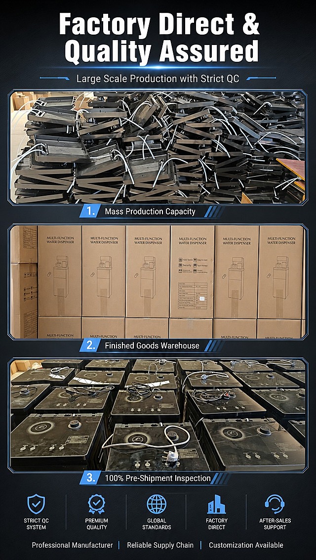 [商品] 使用【图1】【图3】【图5】三张工厂实拍图；图1保留大量茶吧机底座部件堆叠的工厂车间场景；图3保留成品包装箱整齐堆放的仓储场景，包装箱上的"MULTI-FUNCTION WATER DISPENSER"文字和产品线稿图保留原样不修改；图5保留大量茶吧机顶部面板成品堆放的场景，面板上的英规插头、按键标识保留原样；三张图均保留真实工厂环境质感，适当修复画面杂乱小杂物，使整体更整洁专业。
[画面] 页面目标：展示工厂实力与品控能力，增强跨境买家信任；构图骨架：上中下三栏布局，顶部标题区，中部三图横向排列（或上下错落）展示三个工厂场景，底部品质承诺文字区；景别：全景展示工厂规模感；阅读动线：从上标题到中三图再到底部承诺；前中后景：前景图片边框装饰，中景三张工厂实拍图，后景深灰色工业风背景。
[视觉] 套系策略：风格=跨境极简工业科技风；标题字=现代无衬线粗体（英文）；正文字=简洁无衬线体（英文）；主色=深炭黑+深灰色；背景延展=基于深炭黑做深浅渐变、同色系层次和细微金属拉丝纹理；强调色=冰蓝色，仅用于小面积图标、引线、标签和屏幕光效；标题色=纯白色；正文色=浅灰色；组件=圆角深色图片边框、细冰蓝色分割线、品质认证图标；光影=整体冷调工业光，图片保留真实工厂光影，整体统一色调。
[文字] 主标题：Factory Direct & Quality Assured（顶部居中，大字号）；副标题：Large Scale Production with Strict QC（主标题下方，中字号）；三图下方分别标注：1. Mass Production Capacity 2. Finished Goods Warehouse 3. 100% Pre-Shipment Inspection；底部文字：Professional Manufacturer | Reliable Supply Chain | Customization Available；文字全部横向排版，英文地道表达。
[规格] 图片比例9:16竖版，4K分辨率，负向提示：避免变形、错字、文字过小、中文文案、过度美化失真、工厂场景不真实、包装箱文字被修改。