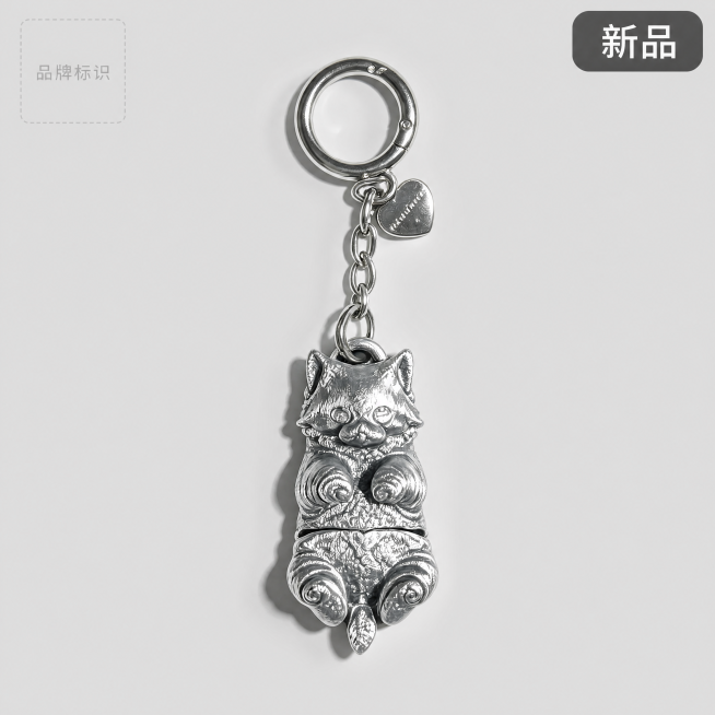 第一张酷猫挂件商品封面图，复古银做旧猫咪造型钥匙扣，1:1正方形构图。保持酷猫挂件的物理结构、做旧银质感、可爱猫咪造型与输入产品图一致。浅灰简约背景，主体居中，占据画面70%区域，突出商品本身，左上角预览效果