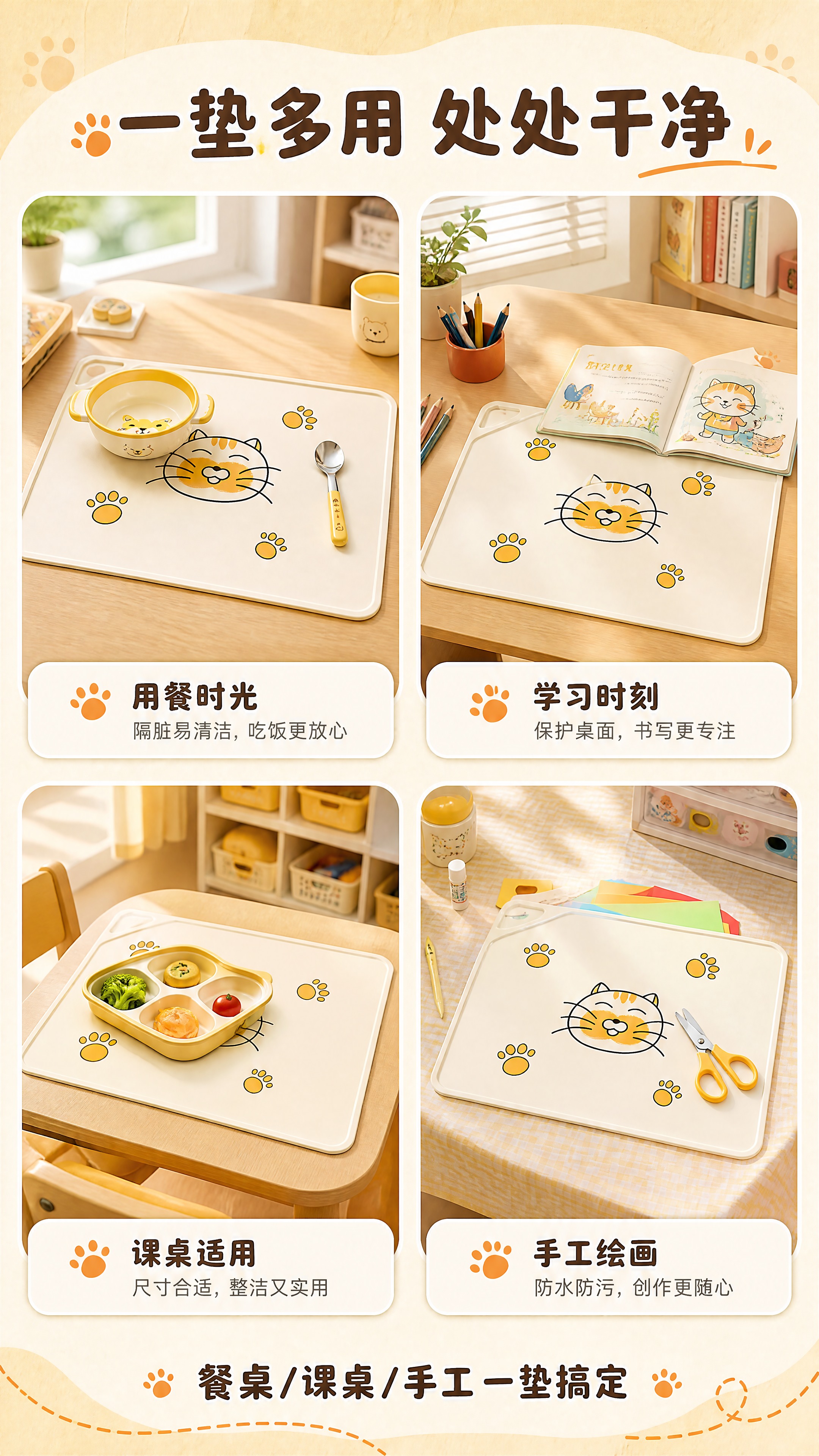 [商品] 使用【图1】幸运猫儿童硅胶餐垫；保留米白色基底、橘色… - 图片创意预览