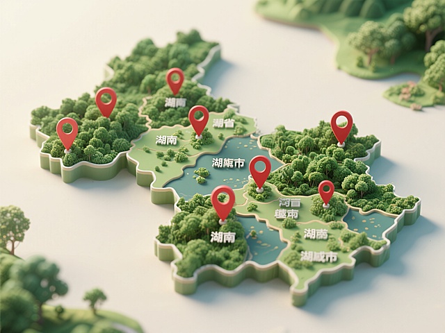 湖南省地形图，红色定位标记位于各地级市位置，地形图显示绿色植被覆盖，背景是柔和的浅色，C4D，OC渲染，细腻的光影效果，细节丰富。