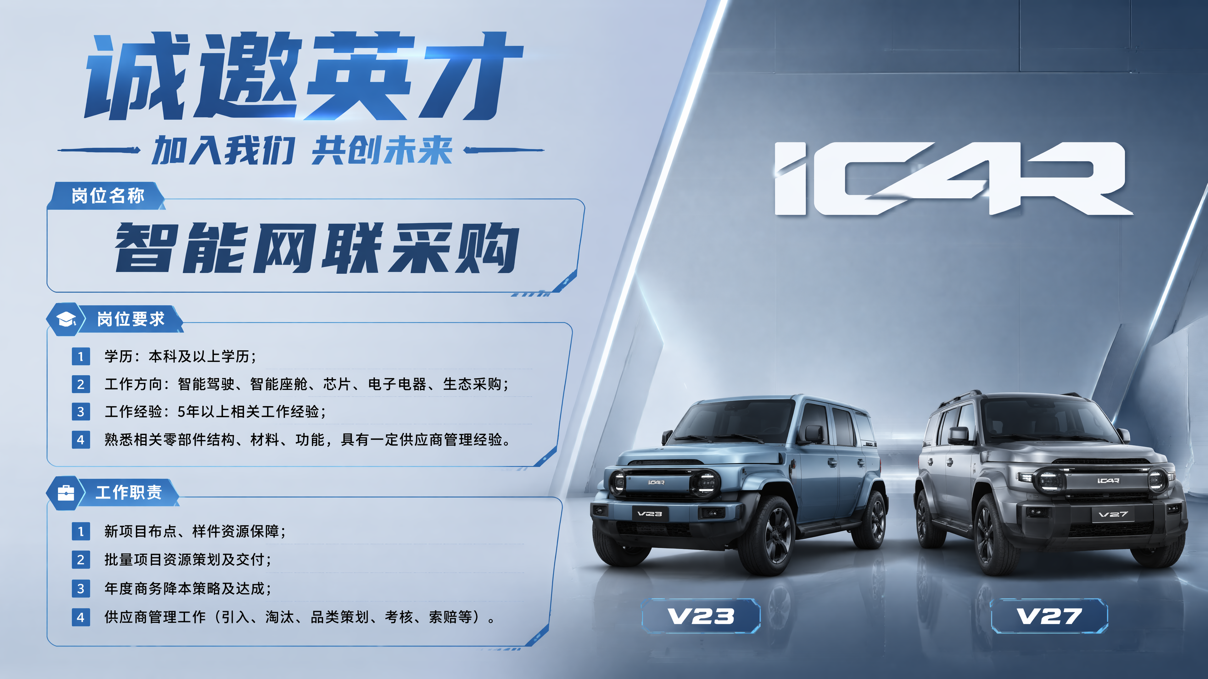 车企招聘，背景是iCAR的logo和V23和V27的车图 内容… - 图片创意预览