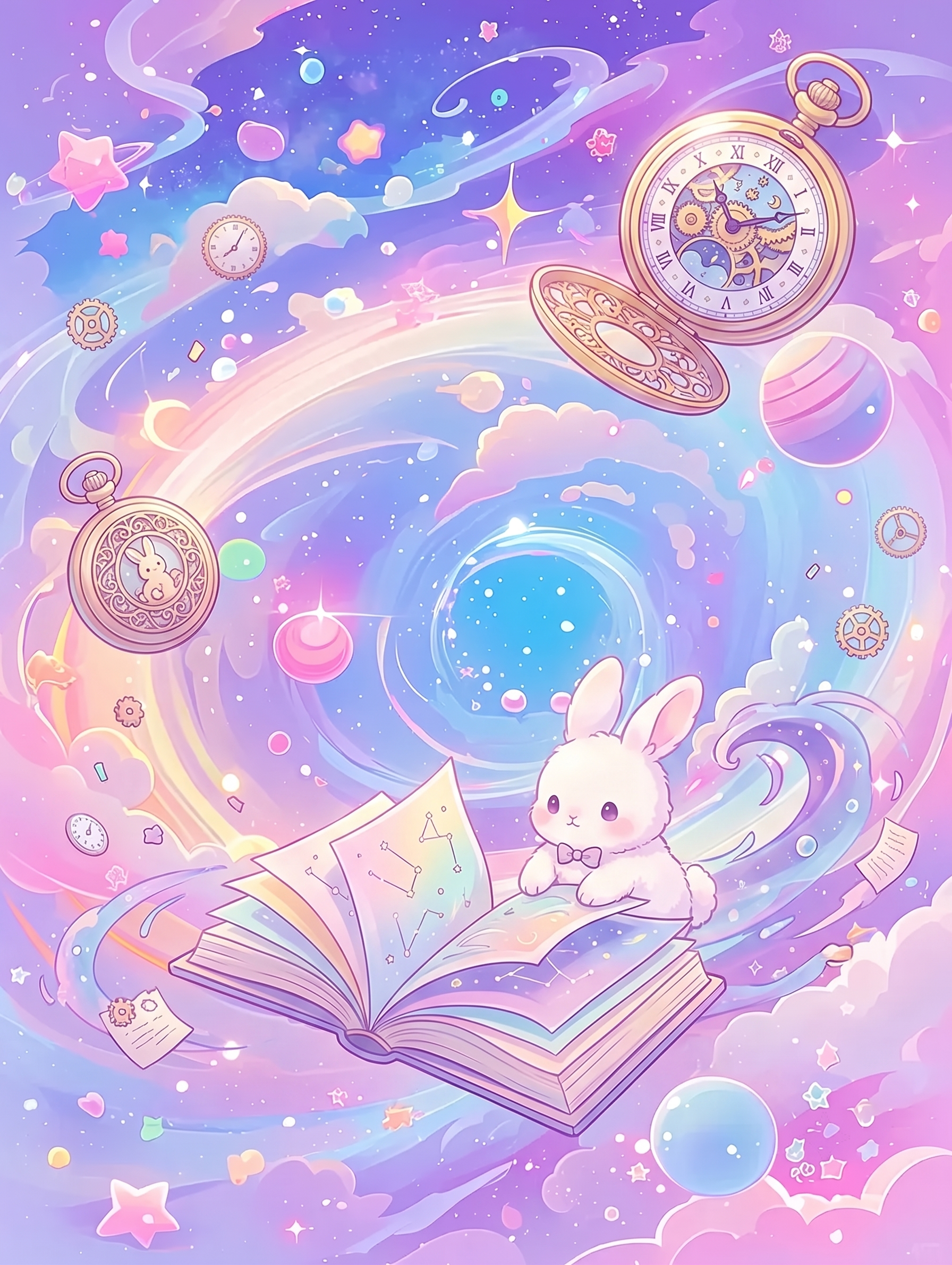 画面中加一只小兔子，星星变成怀表，有翻页的书 - 图片创意预览