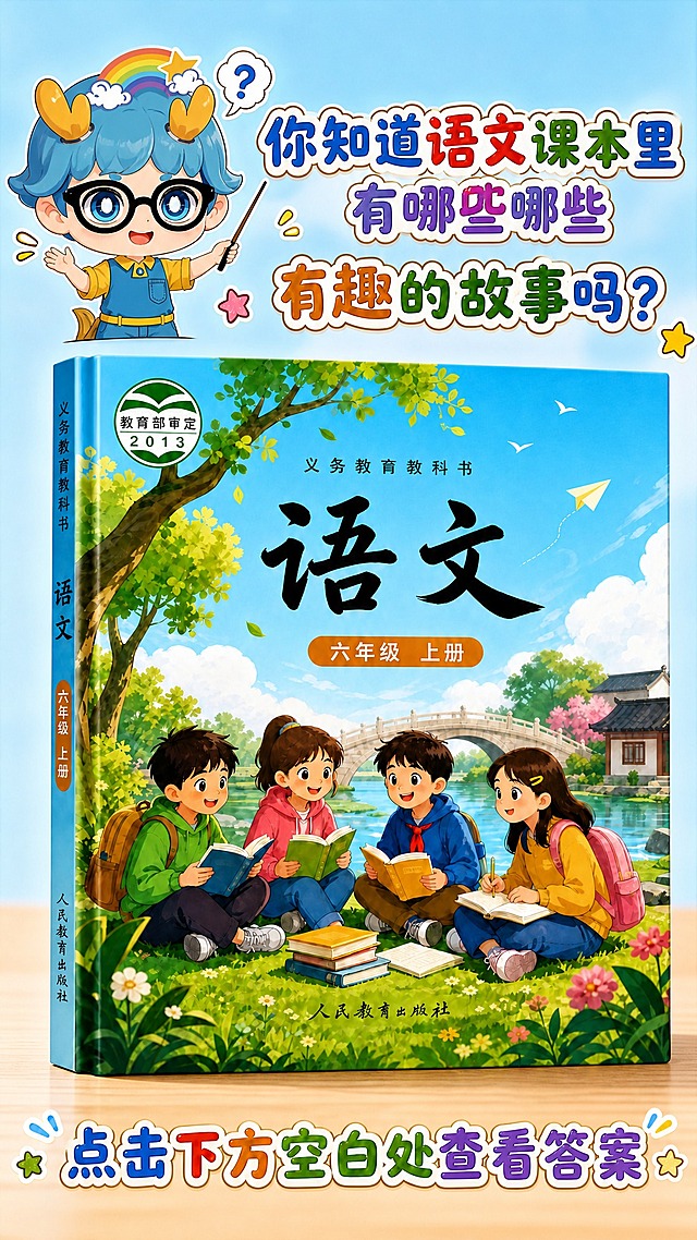 将海报尺寸调整为1152*2048像素，更换背景色为清新的浅蓝色渐变，将海报中的提问人物替换为这个安安卡通形象（蓝发龙角戴眼镜的可爱小男孩），安安站在左上角做出提问讲解的姿势，保持语文书和上下两行文字内容不变，整体风格统一可爱，画面清晰2K画质