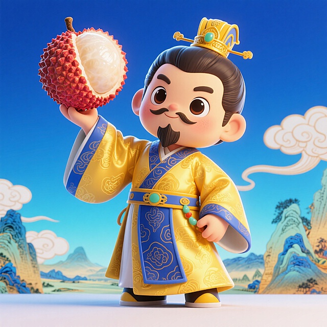 卡通感3D风设计，皇帝手持荔枝，软萌可爱，背景山水云雾，节日氛围浓厚。