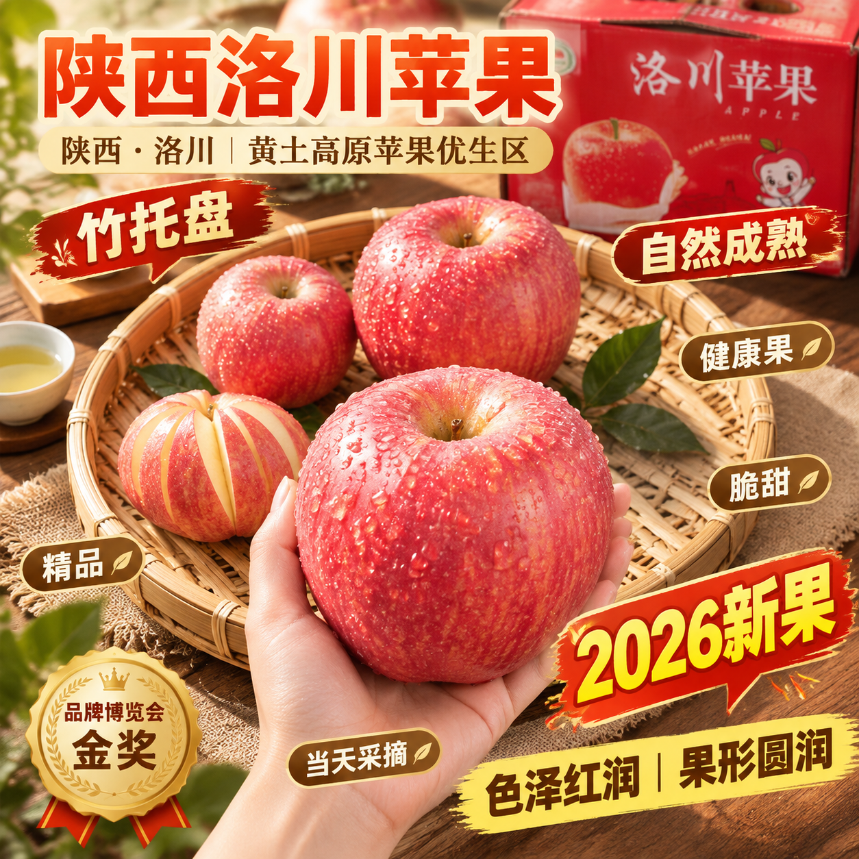 [主图-3] 竹制托盘场景，手托苹果展示色泽红润与果形圆润，营… - 图片创意预览
