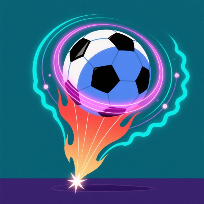 1. 特写俯视角，经典黑白六边形拼接足球悬浮于钴蓝纯色背景中央，环绕足球的流线型光带呈现霓虹粉到电子紫的渐变，光带边缘锐利如激光切割，现代矢量风格，运动轨迹呈精确几何螺旋状
2. 斜侧45度角，黑白足球略微倾斜置于墨绿纯色背景下方，光带从足球底部向上迸发，形成橙红到琥珀金的火焰状渐变，线条粗犷有力，末端带有星形光斑，矢量插画风格保持简洁明快
3. 正侧视角，黑白足球贴近靛青纯色背景左边缘，右侧……预览效果