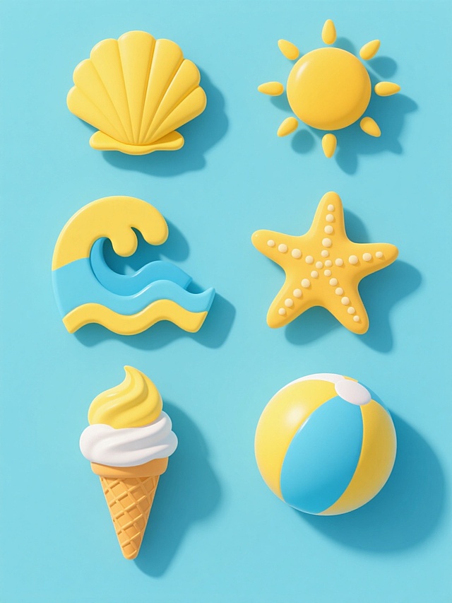 一组6个完全不同造型的夏季元素系列素材集合，保持立体风格，每个元素均以黄色和蓝色为主色调，元素包括波浪、贝壳、海星、太阳、冰淇淋、沙滩球，所有元素规整排布在纯色背景上，每个元素都有阴影效果以增强立体感，整体设计简洁明快，充满夏日气息。