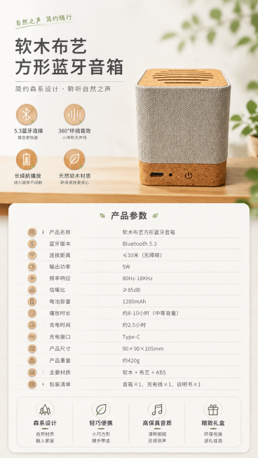 软木布艺方形蓝牙音箱参数卖点图，极简森系实用风，主色调白、浅灰、原木色，搭配低饱和绿植点缀，用清晰参数表格列出产品核心规格，搭配木质图标装饰，整体干净清爽，排版清晰，适配9:16竖版电商展示预览效果