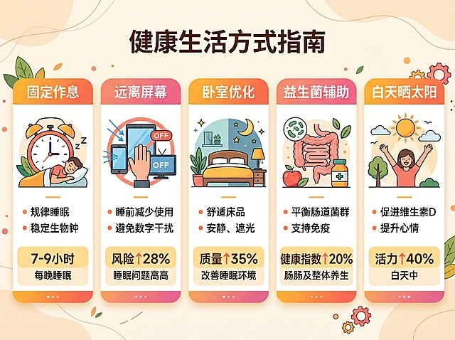 五列信息图表，分别代表“固定作息”“远离屏幕”“卧室优化”“益生菌辅助”“白天晒太阳”，每列下方标注关键数据（如“7-9小时”“风险↑28%”）。暖色调，简洁扁平设计