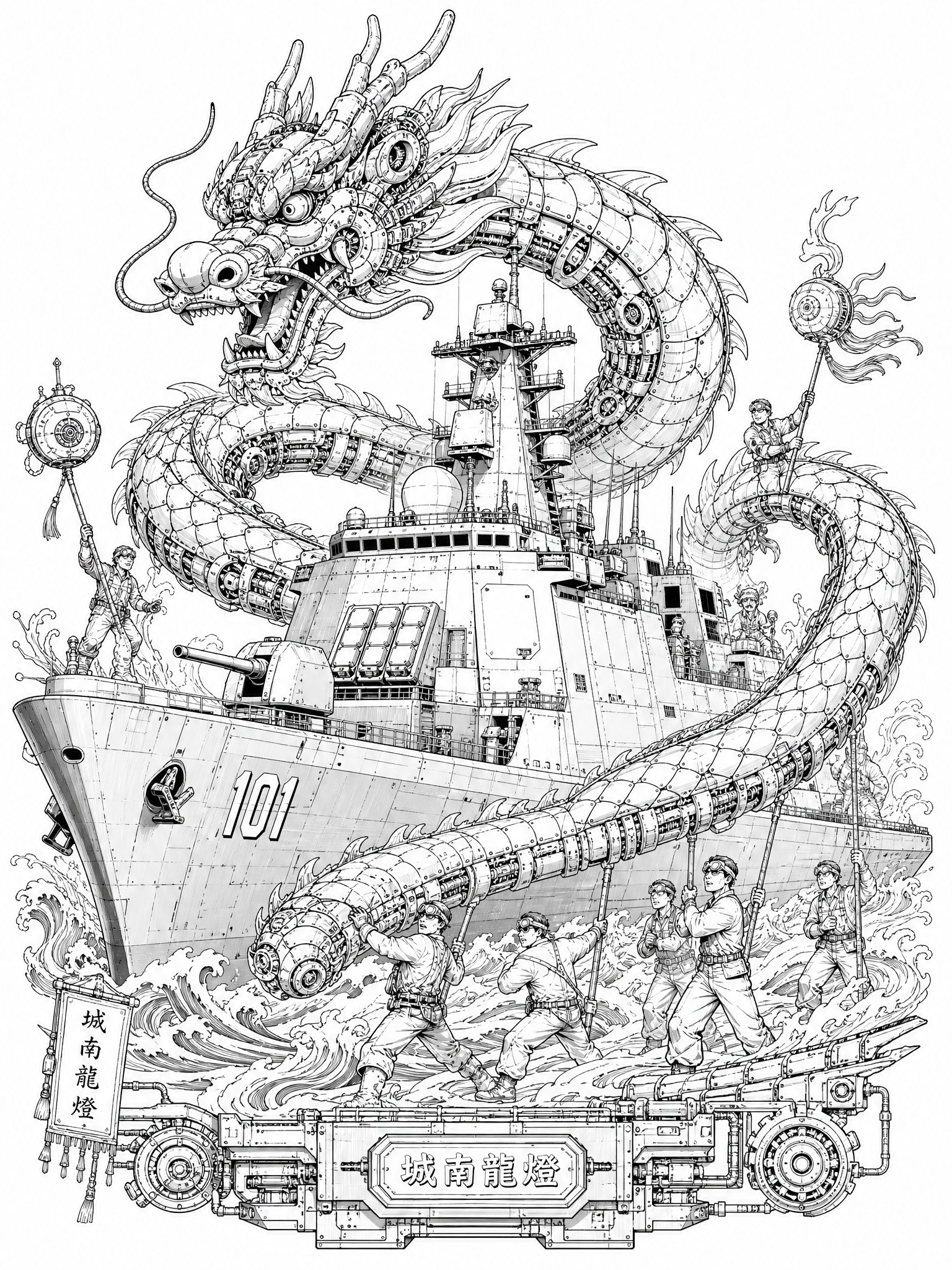 城南龙灯与大型舰船结合的比赛作品插画，偏现代机械风格。画面主体… - 图片创意预览