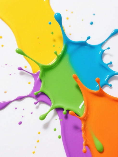 纯净白色背景上，高饱和色彩以灵动泼溅态交融，亮黄、鲜蓝、活力绿、暖橙、浪漫紫自然扩散成丰富层次，边缘细点流淌尽显液体流动性，欢快自由氛围尽显预览效果