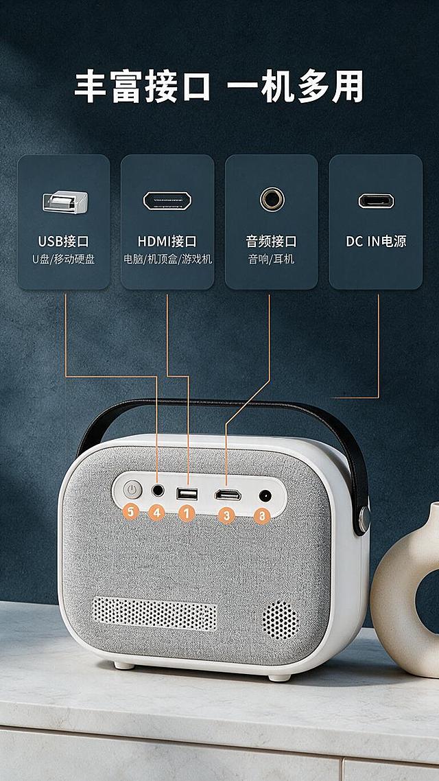 [商品] 使用【图3】T10复古便携投影仪：白色机身+浅灰织物正面网罩+黑色拱形皮革提手，保留背面接口布局（电源开关、3.5mm音频、USB、HDMI、DC IN）。
[画面] 接口页：产品背面视角占50%放浅色台面，接口清晰；下方四个圆角接口卡：USB接口（U盘/移动硬盘）、HDMI接口（电脑/机顶盒/游戏机）、3.5mm音频（音响/耳机）、DC IN电源；深灰蓝背景，橙色引线。
[视觉] 风格=复古科技家居；强调色暖橙；标题白粗体；左前侧暖白主光。
[文字] 主标题“丰富接口 一机多用”白粗体横排；卡片文字“USB接口”“HDMI接口”“音频接口”“DC IN电源”白色横排；小字用途浅灰白；无错字。
[规格] 9:16竖版中文横排，禁止竖排、错字、乱码、模糊、水印、平台Logo、绝对化用语、禁止添加品牌LOGO。