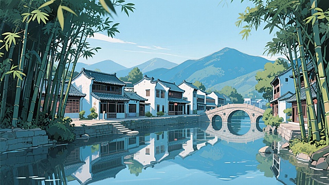 二次元古风，色调是图片中的，细节丰富，河边城镇竹子远景，浅蓝色为主，生成2张，不要人，4k，16:9