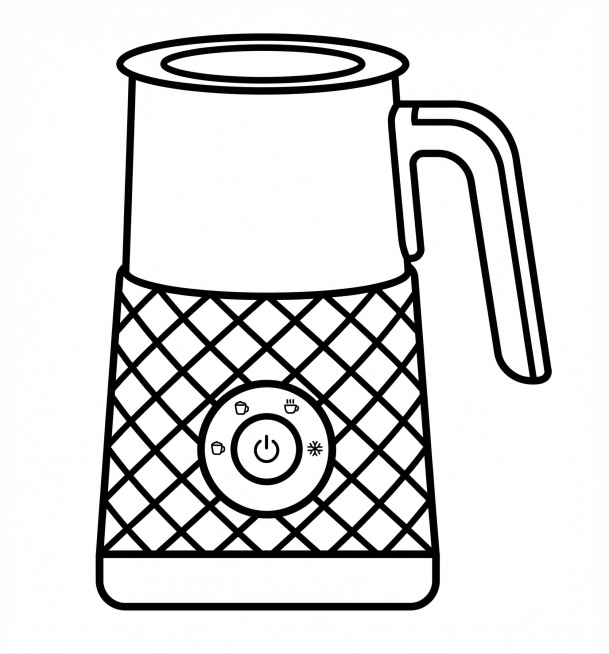 参考图1的黑色极简线条描边风格，绘制图2的奶泡机产品，保留产品外形结构，仅使用黑色线条勾勒轮廓，背景为纯白色，和参考风格保持一致预览效果