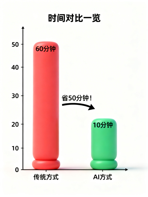 将现有时间对比柱状图的标题修改为“时间对比一览”，调整为Soft3D柔和3D风格，保留原有柱状图结构：左红色高柱标注“60分钟”“传统方式”，右绿色矮柱标注“10分钟”“AI方式”，中间标注“省50分预览效果