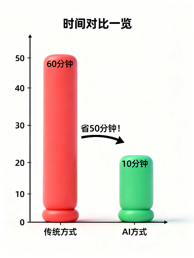 将现有时间对比柱状图的标题修改为“时间对比一览”，调整为Soft3D柔和3D风格，保留原有柱状图结构：左红色高柱标注“60分钟”“传统方式”，右绿色矮柱标注“10分钟”“AI方式”，中间标注“省50分钟！”，画面质感柔和立体
