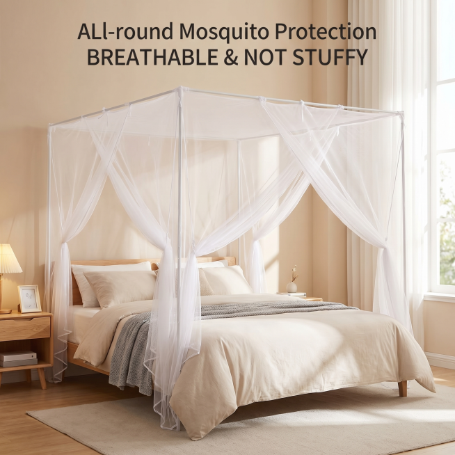 [主图 2] 蚊帐居家场景展示图，卖点全方位防蚊透气不闷热。[氛围风格] 温馨舒适家居治愈风，自然生活氛围感。[画质] 商业摄影质感，光线柔和通透，产品清晰真实，画面干净高级。[元素] 保持蚊帐产品外预览效果