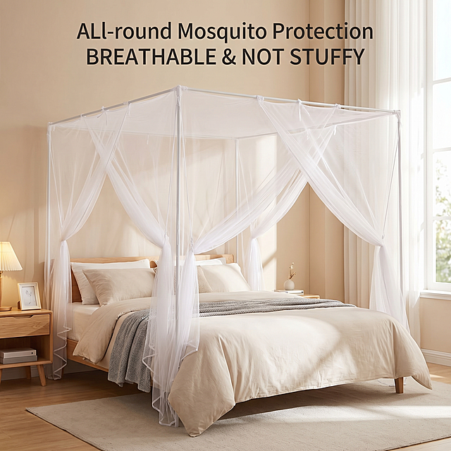 [主图 2] 蚊帐居家场景展示图，卖点全方位防蚊透气不闷热。[氛围风格] 温馨舒适家居治愈风，自然生活氛围感。[画质] 商业摄影质感，光线柔和通透，产品清晰真实，画面干净高级。[元素] 保持蚊帐产品外观结构，材质，颜色与输入图片绝对一致，杜绝任何变形和色差，精细化处理。将蚊帐置于温馨明亮的卧室场景中，搭配浅色系床品和简约床头柜，展示日常使用状态。在画面顶部用英文标注核心卖点 "ALL-round Mosquito Protection\nBREATHABLE & NOT STUFFY"，字体简洁，颜色深色与浅色背景形成对比，不遮挡产品主体。商品主体占比约70%，画面满版无边框。[光影] 清晨卧室柔和自然光，从侧面窗户照射进来，光影自然慵懒，氛围温馨。[配色] 主色调米白和暖木色，干净温暖，符合治愈系家居风格。[视角构图] 平视全景视角，展示完整卧室使用场景，景深适中。[比例分辨率] 1:1 比例，2k 分辨率，超高清。[负向提示词] 变形，水印，文字错乱，产品模糊，背景杂乱，中文内容，夸大词汇
