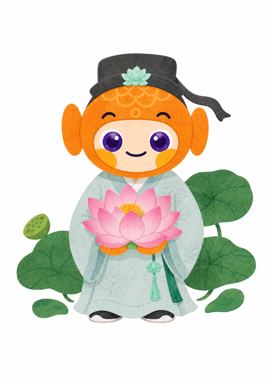 参考图中的橙色鱼形吉祥物，头戴黑色官帽（帽顶有青色莲花装饰），… - 图片创意预览