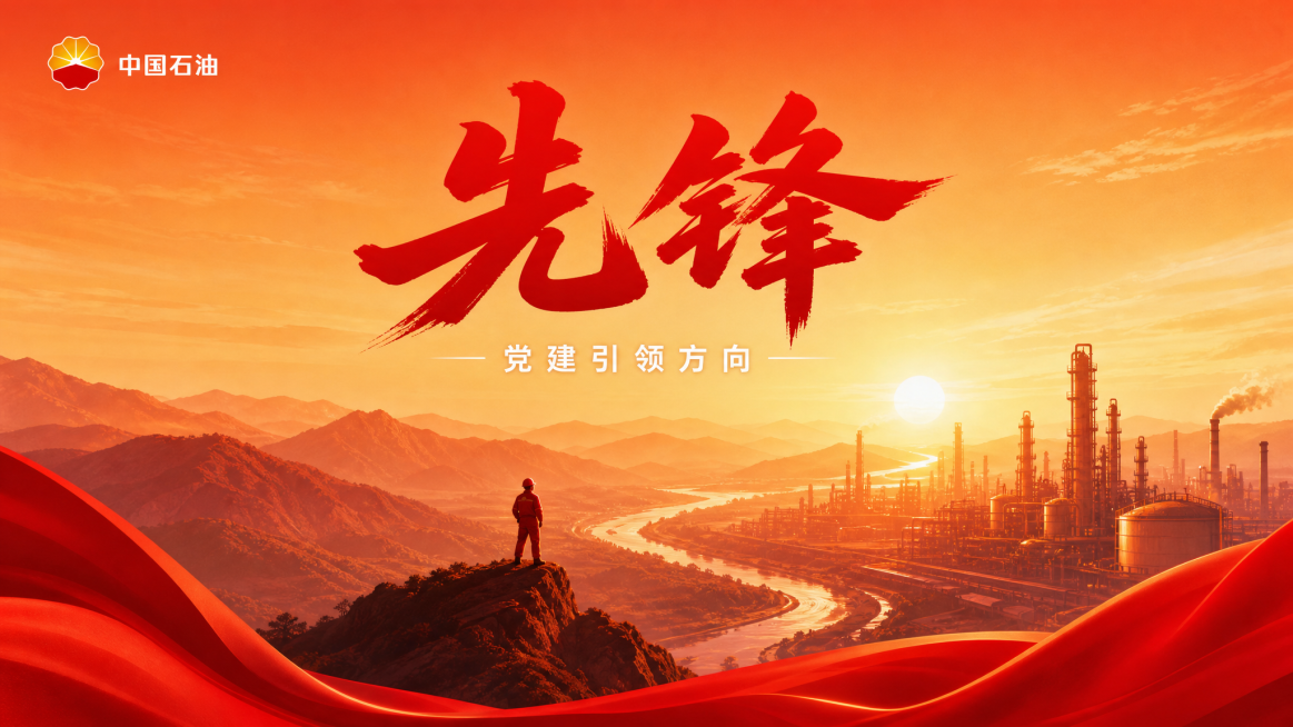 中国石油党建宣传海报，标题"先锋"，副标题"党建引领方向"，保留左上角中国石油logo，画面仅保留一个石油工人，人物缩小改为大远景构图，延续红色暖色调夕阳场景，保留炼油厂工业基地和层叠山峦河流布局，参预览效果