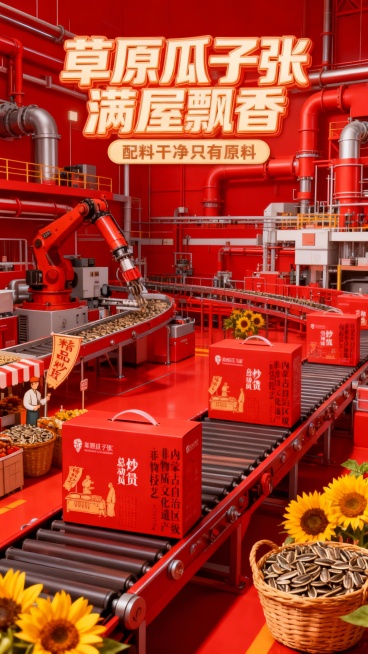 图中主体换成我发给你的礼盒，并且被复制多个（礼盒主体不做更改），放置在符合礼盒包装色调的传送带上，背景是符合礼盒包装色调的工业风自动化工厂，管道、机械臂、传送带运转，周围葵花，篮子装葵花籽装饰，画面上预览效果