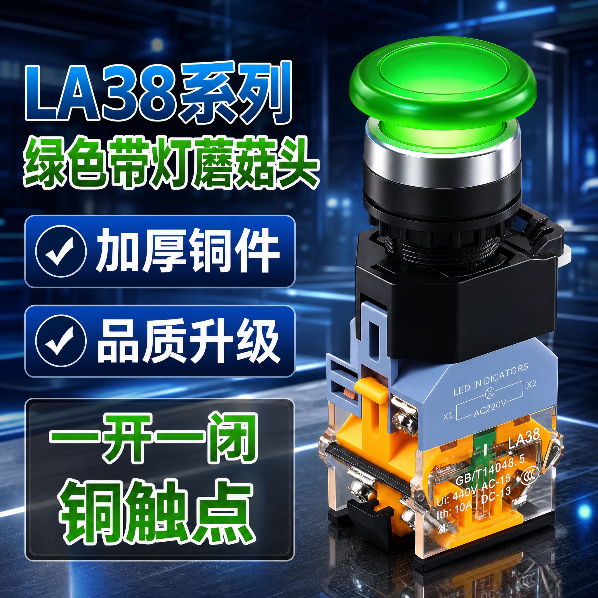 电商主图，LA38系列绿色带灯蘑菇头铜触点款主图，800*80… - 图片创意预览