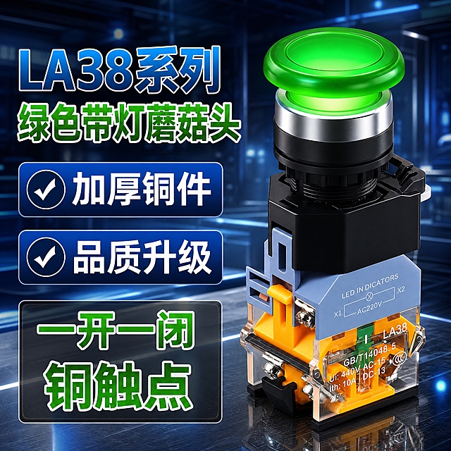 电商主图，LA38系列绿色带灯蘑菇头铜触点款主图，800*800正方形，深蓝科技工业风，产品精修。全部文字使用思源黑体 Bold字体。左上角CHKL凯蓝LOGO去掉，产品上的CHKL和浙江凯蓝电气有限公司字样去掉。

[商品] 使用用户上传的绿色带灯蘑菇头产品图；保留绿色带灯蘑菇头（黄色底座铜触点款，一开一闭）的结构、颜色和材质；产品透明底座上的"CHKL"和"浙江凯蓝电气有限公司"字样全部清除去掉，只保留LA38型号和参数标识；产品精修，绿色蘑菇头按钮光滑圆润通透（带灯效果），银色金属环高光锐利，黑色底座细腻，黄色铜触点底座质感真实，透明件通透，铜触点质感清晰，无灰尘划痕。

[画面] 页面目标：突出LA38系列绿色带灯蘑菇头铜触点款产品，展示型号、卖点、功能等核心信息。构图：左侧文字信息+右侧产品展示。主体位置：画面右侧放置绿色带灯蘑菇头产品（斜侧角度），左侧为文字信息和卖点，产品占画面约55%。阅读动线：从左到上到下，产品系列→颜色款式→卖点→功能规格。前景：产品+文字信息；中景：科技感背景；后景：深蓝色渐变+工业厂房虚化背景+光线效果。

[视觉] 套系策略：风格=深蓝黑科技感工业风；标题字=思源黑体 Bold超大粗体；正文字=思源黑体 Bold；主色=深蓝/黑色；背景延展=基于深蓝黑做深浅层级、渐变和工业场景/光线效果；强调色=绿色（蘑菇头按钮、功能文字）+黄色（铜触点底座）+白色（主文字）+银色（金属环），仅用于产品和重点标签；标题色=蓝色/绿色；正文色=绿色/白色；组件=深蓝色圆角卖点标签（带白色对勾图标）、深灰色功能标签；光影=左前侧硬光，金属高光锐利，蘑菇头按钮通透有带灯感，触点质感真实，产品立体感强，底部有产品倒影。

[文字]
  左上角产品名称（注意：左上角无CHKL凯蓝LOGO）：
    第一行："LA38系列" 蓝色超大粗体
    第二行："绿色带灯蘑菇头" 绿色超大粗体，带白色描边

  左侧中部卖点标签（深蓝色圆角矩形，带白色对勾图标，上下两个）：
    上方："加厚铜件" 白色大粗体
    下方："品质升级" 白色大粗体

  左下方功能标签（深灰色圆角矩形，绿色粗体文字带白边）：
    第一行："一开一闭"
    第二行："铜触点"

[规格] 图片尺寸800*800，正方形，4K分辨率，避免变形、错字、文字过小、左上角有CHKL凯蓝LOGO、产品上有CHKL或浙江凯蓝电气有限公司字样、水印、平台logo、产品模糊。左上角无品牌LOGO，产品透明底座上无品牌字样。