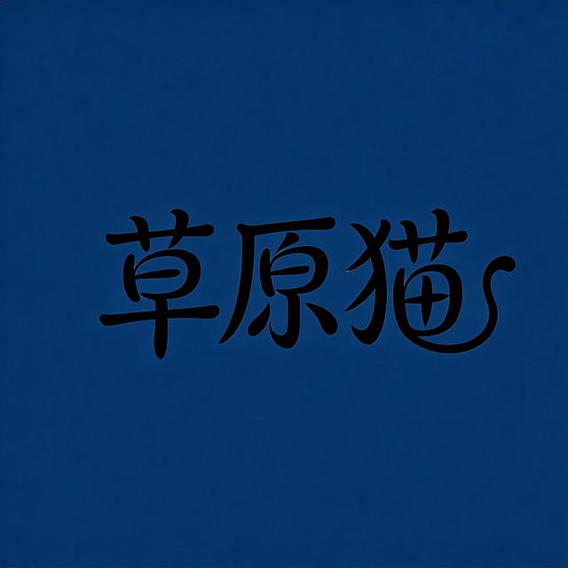 深蓝色背景，黑色创意字体设计，中文文字为“草原猫”，线条流畅且富有艺术感，将字体进行抽象变形，创造出独特的节奏和动感，给人以强烈的视觉冲击，整体风格高级感、扁平化，属于大师作品
