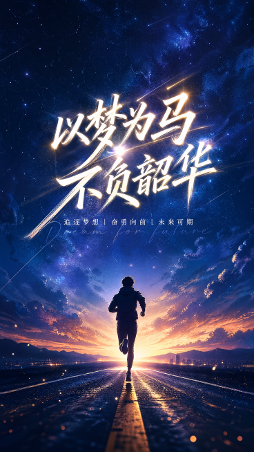 一张励志主题海报，画面中心有奔跑青年剪影，背景是星空和延伸向远方的道路，前景有发光艺术字"以梦为马不负韶华"，整体配色高级简约，氛围感十足，适合年轻奋斗主题预览效果