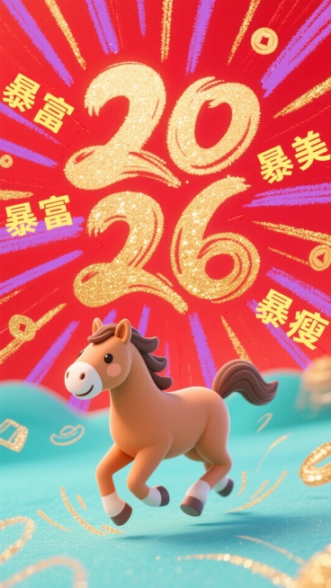 喜庆繁荣的新年海报，动态构图。画面中央是巨大的“2026”鎏金字体，字样呈现流动的沙粒质感，带有顺滑的边尾。前景是一匹可爱的3D卡通棕色马儿在策马奔腾。背景是鲜艳的放射状红色，带有淡淡的紫色调和闪耀的预览效果