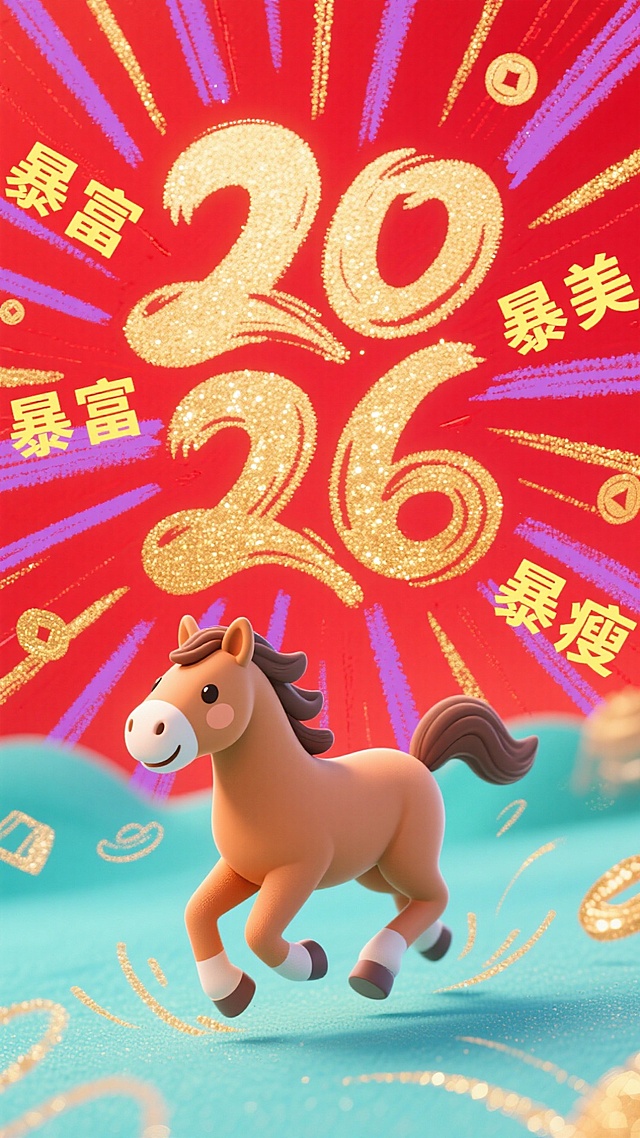 软3D风格卡通小马跃动前行，鎏金粒子环绕“2026”字样，喜庆红紫渐变背景搭配趣味文字，营造欢乐吉祥的新春氛围。