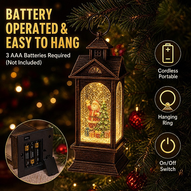 [主图-5] Christmas Snow Globe Lantern Set of 3，电池供电与便携悬挂功能展示图，突出使用便捷性。
[统一基调] 跨境电商信息图风格，深暖棕+圣诞红+金色点缀主色系，英文无衬线粗体标题字，浅米色辅助字。
[画面] 画面主体为一款风灯悬挂在圣诞树枝上的真实使用状态，风灯点亮，暖光透过玻璃照亮周围松针；画面左下角有一个场景小窗，展示风灯底部电池仓打开的特写（可见3节AAA电池安装位）；画面右侧有3个功能图标竖向排列：电池图标、挂环图标、开关按钮图标；背景为虚化的圣诞树林夜景，有零星暖光光斑。
[光影质感] 夜景暖调氛围，风灯内部暖光为主光源，周围环境较暗突出灯光效果；悬挂状态自然，挂环与树枝接触真实；玻璃上有环境光反射，整体梦幻温馨。
[配色] 深绿暗棕夜景背景，暖黄色灯光，金色图标，米白色文字，圣诞红点缀。
[文字版式] 左上角大标题："Battery Operated & Easy to Hang"，下方副标题："3 AAA Batteries Required (Not Included)"；右侧3个图标旁分别标注："Cordless Portable"、"Hanging Ring"、"On/Off Switch"；标题金色粗体，说明文字米白色。
[输出要求] 1:1正方形，2048x2048，产品清晰，文字可读，无变形，无水印，无平台Logo。