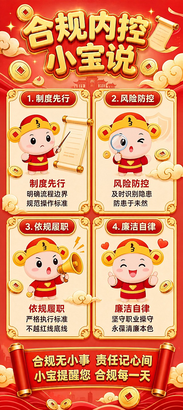 使用财富小宝财神卡通形象生成合规内控主题竖版海报，画面中有多个不同动作姿态的小宝形象，每个小宝对应一个合规主题。

整体风格：喜庆活泼的国潮卡通风格，红色与金色为主色调。

顶部标题："合规内控 小宝说"，金色立体大字。

画面分为四个场景区块，每个区块都有一个不同动作的财富小宝形象：

1. 【左上-制度先行】：小宝手持教鞭指向卷轴（教学动作），表情认真。配文："制度先行 明确流程边界 规范操作标准"。

2. 【右上-风险防控】：小宝手持放大镜（放大镜动作），仔细查看的样子。配文："风险防控 及时识别隐患 防患于未然"。

3. 【左下-依规履职】：小宝手持喇叭喊话（客服/喇叭动作），表情严肃提醒。配文："依规履职 严格执行标准 不越红线底线"。

4. 【右下-廉洁自律】：小宝双手比心或竖起大拇指，微笑正面站立。配文："廉洁自律 坚守职业操守 永葆清廉本色"。

四个区块用金色边框分隔，背景有祥云、铜钱、卷轴等装饰。

底部红色横幅："合规无小事 责任记心间 小宝提醒您 合规每一天"。

每个小宝形象都保持原图的特征：红色财神帽带金色装饰和铜钱耳饰、红色衣服、金色腰带、圆润可爱的脸型。动作姿态各不相同。所有文字清晰可读，内容填充完整。1080x2400px竖版。