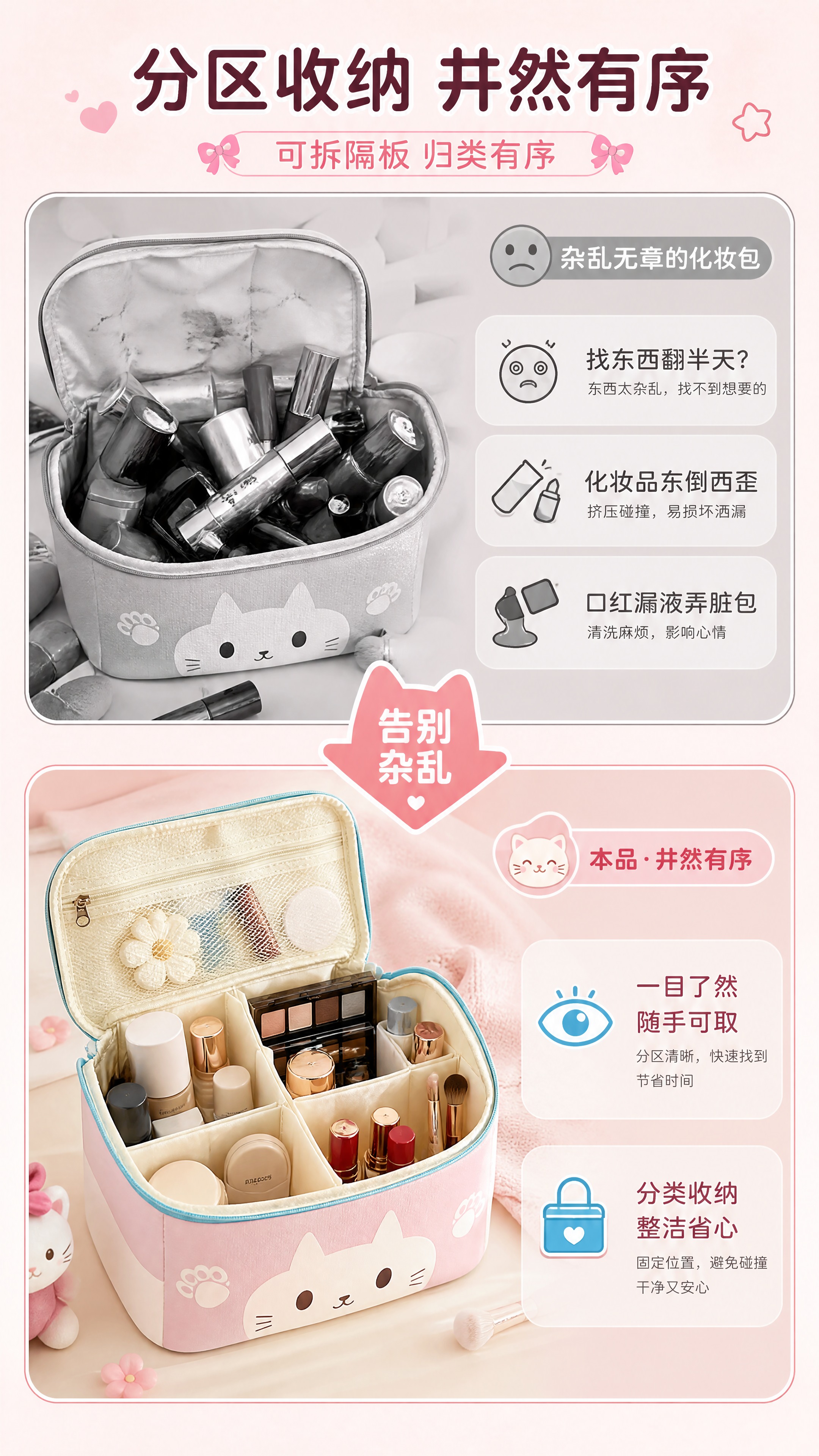 [商品] 使用【图3】打开状态的猫咪化妆包内部结构；保留可拆隔… - 图片创意预览