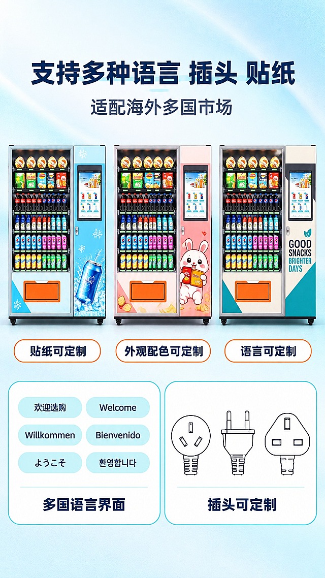 [商品] 使用【图1】触屏制冷大型售货机的同款机身：浅白机身配青绿色斜向色块与深灰色右侧面板，左侧大面积透明玻璃展示门内为6层弹簧式货道，右侧竖版22寸智能触摸屏，下部白色面板配橙色取货口，底部四个黑色小滚轮；三台机器的结构、比例、货道层数与参考图完全一致，仅贴纸图案与配色不同。
[画面] 电商详情页第8张，定制适配页，目标：展示语言、插头、贴纸可定制。上方主标题“支持多种语言 插头 贴纸”，其下副标题“适配海外多国市场”。中部横排三台同款机身小图，仅贴纸与配色不同：左边浅蓝色机身配雪花与饮料图案贴纸；中间粉色机身配卡通与零食图案贴纸；右边米白色机身配简约品牌图形贴纸。三台机器下方均为白色圆角小标签，深蓝黑粗体中文依次为“贴纸可定制”、“外观配色可定制”、“语言可定制”。下方左右两栏白色圆角卡片：左栏内横排六个浅青底小标签，分别写不同语言的欢迎语原文“欢迎选购”、“Welcome”、“Willkommen”、“Bienvenido”、“ようこそ”、“환영합니다”，卡片内另有一行深蓝黑粗体中文“多国语言界面”；右栏内并排绘制三种插头示意图（中式三脚插头、欧式双圆脚插头、英式三脚插头）配一行深蓝黑粗体中文“插头可定制”，插头为线描质感简图，线条简洁干净。
[视觉] 套系策略：风格=明亮浅色商业精工摄影；标题字=现代无衬线粗体；正文字=简洁无衬线体；主色=浅白 #F7FAFC；背景延展=浅白到浅青渐变加细腻磨砂质感；强调色=橙色 #FF7A18 仅用于小面积标签描边与序号；标题色=深蓝黑；正文色=中灰；组件=白色圆角卡片配青绿细描边；光影=左前侧柔和棚拍光配自然接触阴影。
[文字] 标题不超过十字，副标题不超过十六字，标签为短句；语言标签仅写指定语言原文，不得出现其他英文文案；所有文字仅横排，不得竖排、旋转、斜排；画面底部不放任何文字条或小字。
[规格] 图片比例9:16竖版，2K高清，三台机器整齐可比较且不变形，文字无乱码；负向：变形，错字，乱码，机器堆叠，机器拥挤，机器裁切，黑色背景，深色背景，暗色调，水印，平台Logo，二维码，竖排文字，旋转文字，底部文字条，画面底部小字。