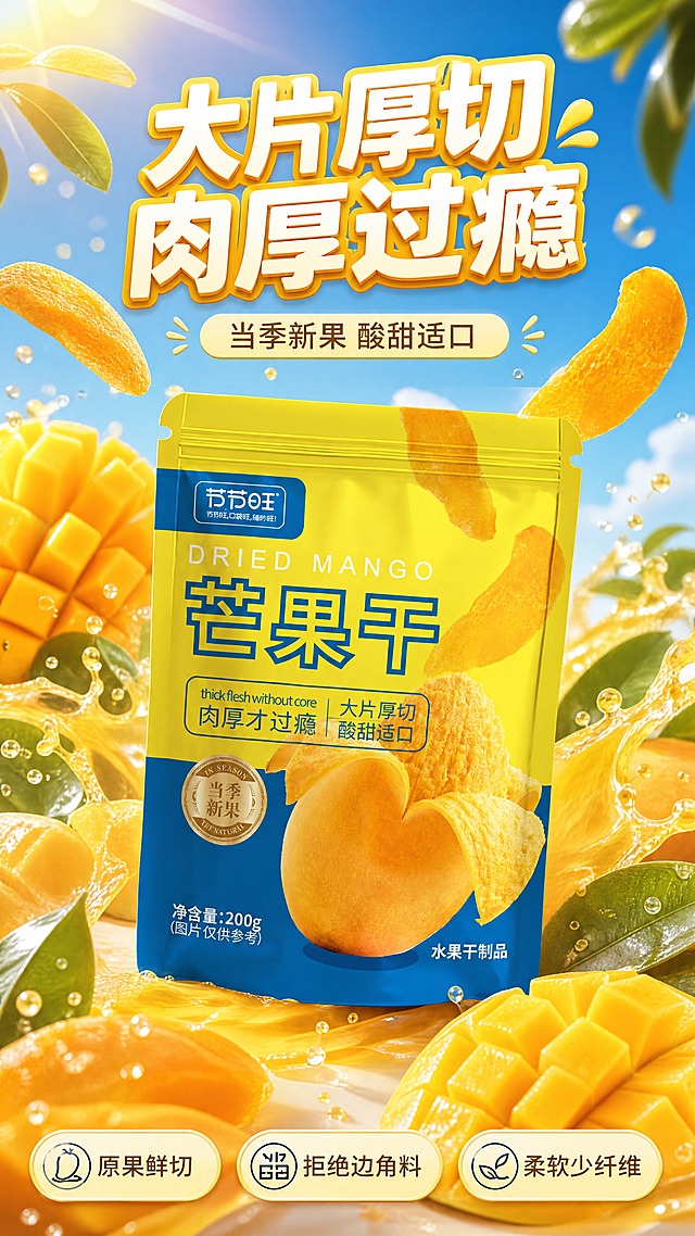 [商品] 使用【图1】节节旺芒果干包装袋；保留包装袋的黄蓝配色、"节节旺"品牌Logo、"芒果干"大字、"大片厚切 酸甜适口"、"当季新果"圆形徽章、"净含量:200g"、"水果干制品"等所有包装文字和图案；包装袋结构、比例、颜色完全保真，仅做清晰化处理。
[画面] 食欲氛围头图，产品海报型版式。包装袋居中偏下，占画面约55%；周围环绕新鲜芒果果肉、芒果切片、金黄色果汁飞溅、水珠和绿叶；背景为渐变蓝天+阳光光晕，营造阳光鲜果氛围；前景有几片悬浮的芒果干和芒果果肉块，增加层次感；整体动感有食欲，≥3层视觉层次。
[视觉] 套系策略：风格=清新食欲感商业摄影+轻3D合成；标题字=粗黑体圆润大字；正文字=简洁无衬线体；主色=芒果金黄；背景延展=基于芒果黄做深浅渐变、蓝天背景、阳光光晕层次；强调色=品牌蓝（取自包装下半部蓝色），仅用于小面积图标、引线和标签；标题色=白色+浅黄描边（亮部）/深橙黄（暗部）；正文色=深棕黄；组件=圆角浅底信息卡、胶囊标签、细线引线；光影=左前侧暖阳光，果汁飞溅有高光透明感。
[文字] 顶部主标题"大片厚切 肉厚过瘾"，副标题"当季新果 酸甜适口"；底部3个卖点胶囊图标："原果鲜切"、"拒绝边角料"、"柔软少纤维"；文字横排，不遮挡包装袋主体和品牌Logo。
[规格] 京东平台单屏9:16竖版，4K，medium质量；避免变形、错字、文字过小、冷灰背景、包装文字错乱、芒果干颜色失真。