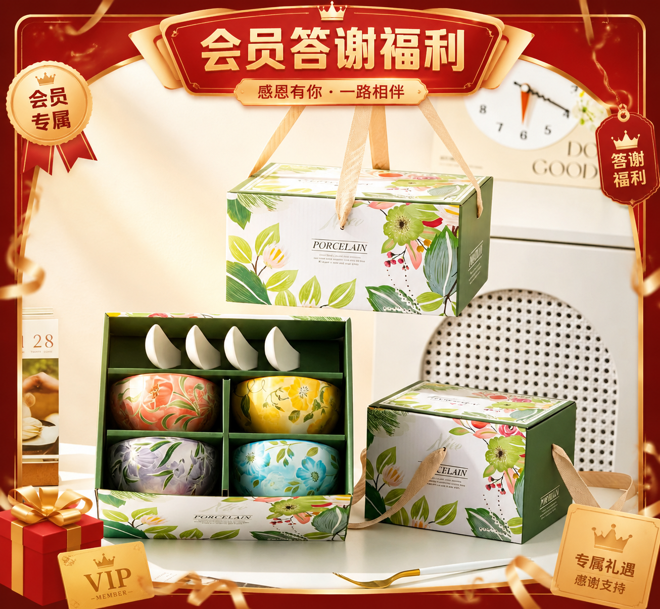 为图片添加精美的会员答谢福利边框，边框风格为高端喜庆的红金配色… - 图片创意预览