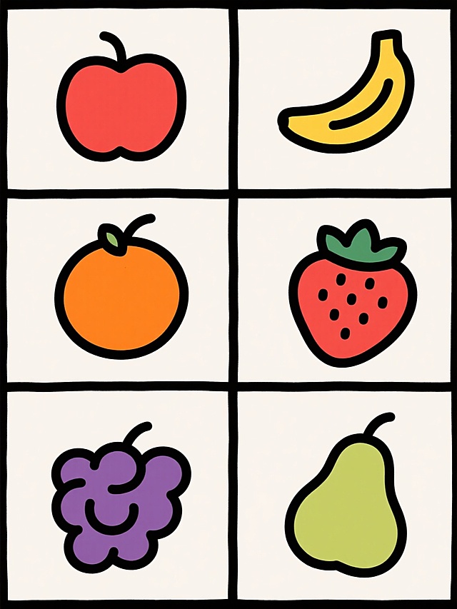 极简扁平风格水果插画系列，6个不同水果（苹果、香蕉、橙子、草莓、葡萄、梨）以规整网格排布，每个水果采用单色背景与主体高饱和对比色，轮廓为粗黑线条勾勒，内部填充均匀色块无渐变阴影，保持简洁圆润造型与一致视觉权重，整体呈现明快活泼的儿童插画风格，无任何文字或装饰元素。
