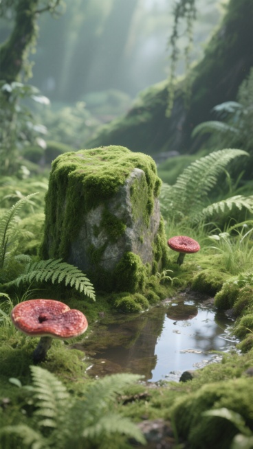 微观生态场景。特写一个绿色苔藓覆盖的矮墩型石块，居中。一小汪清澈小水洼，搭配蕨类植物，千年红灵芝，纹理清晰，色泽度高，周围环绕各类翠绿草本植物；光线柔和自然朦胧，整体清新静谧预览效果