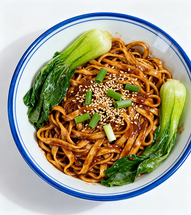 基于原图风格生成蔬菜炒面，一碗盛放在蓝边白碗中，面条裹着酱香酱汁，搭配新鲜绿色蔬菜，撒上芝麻和葱段，白色背景，美食摄影，写实风格