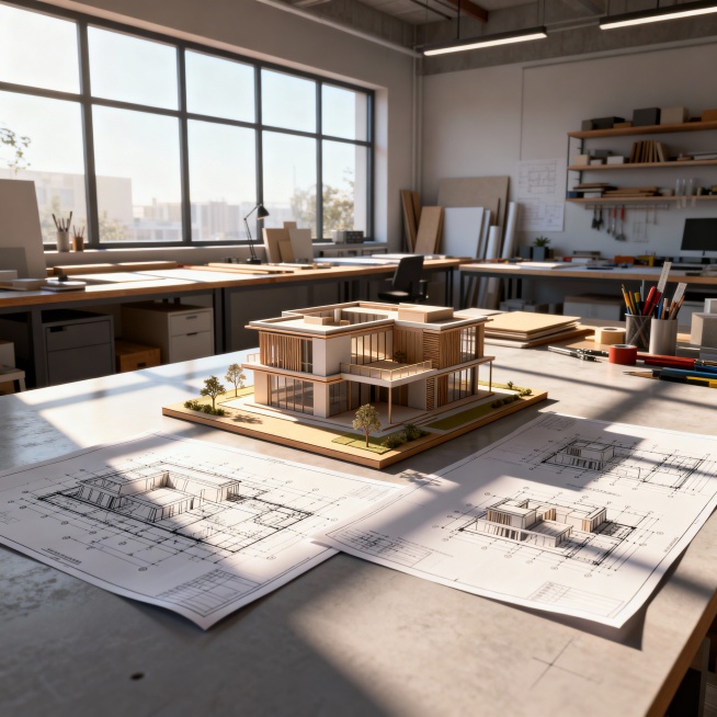 建筑模型与蓝图，现代工作室，3D渲染风格，阳光照射预览效果