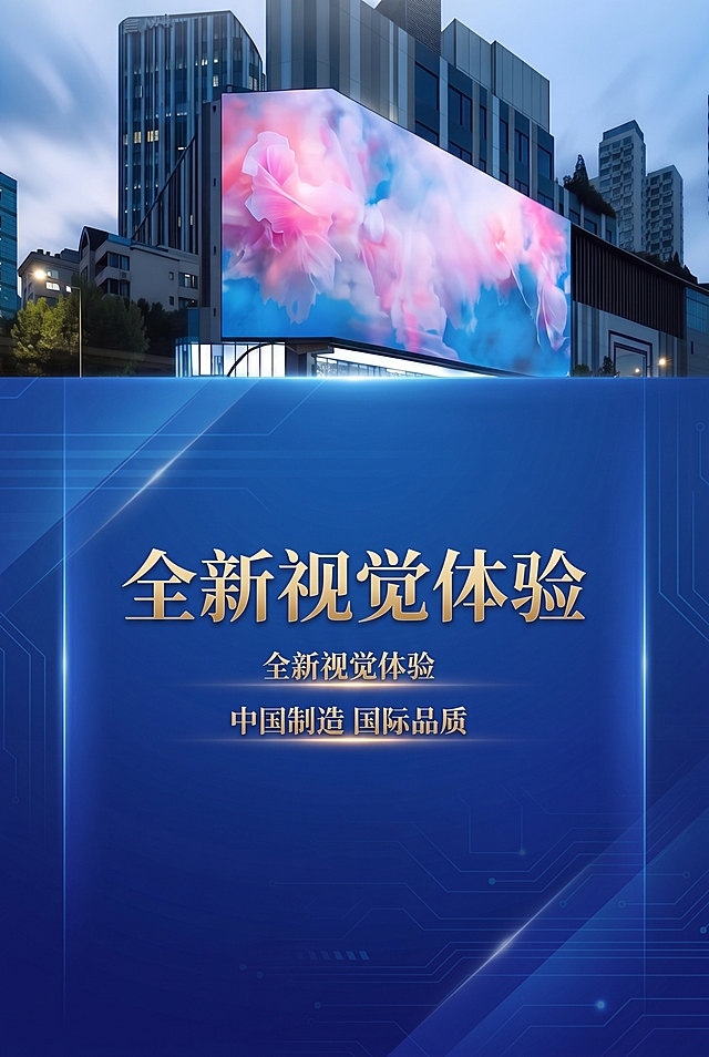 这是PPT目录页左侧区域，请整体重新设计，保留金色文字"全新视觉体验 中国制造 国际品质"，上半部分保留户外大屏LED广告城市夜景图，调整构图和比例，下半部分蓝色区域优化排版，让文字更美观协调，整体保持商务科技风格