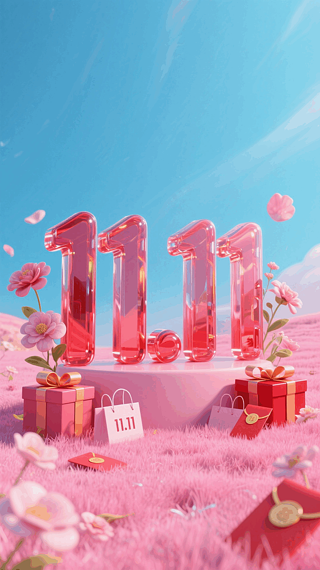 红色玻璃立体字 “11.11”置于粉色草地场景中 。周围环绕花朵、礼盒、购物红包等元素，粉蓝色背景