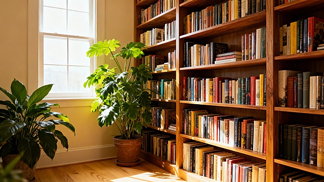 书房背景图，清晰自然，让人放松，有窗户，自然光，落地书架，书架有书本，房间有绿植，整体的感觉温暖舒适清晰
