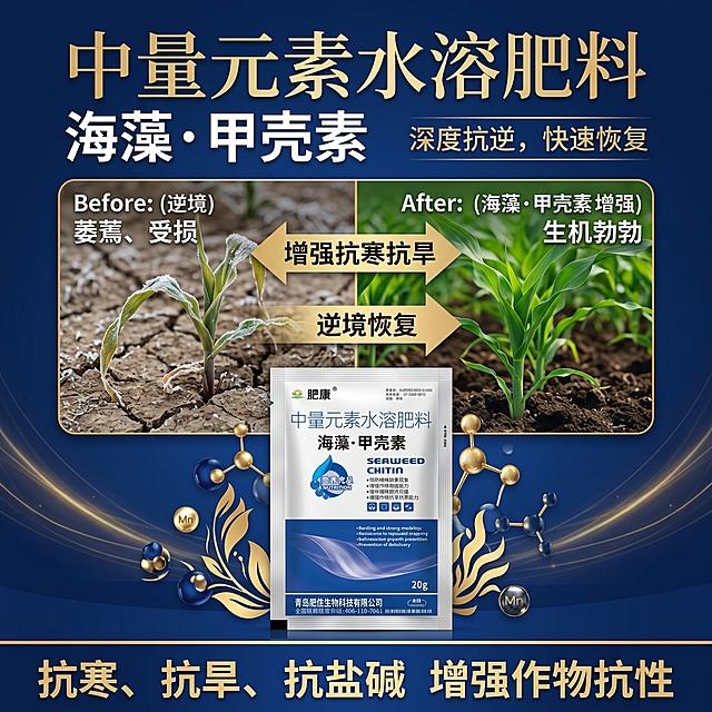 海藻甲壳素增强作物抗寒抗旱抗盐碱，逆境恢复效果展示，农业背景，深蓝简约淘宝主图