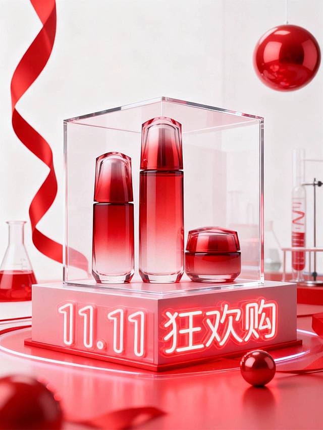 以红白为主色调，中央是透明正方体展台，展台下方点缀“11.11狂欢购”霓虹灯，商品放置在展台内部，背景有红色飘带、球形装饰、实验室元素，整体营造出高级促销感美妆氛围。