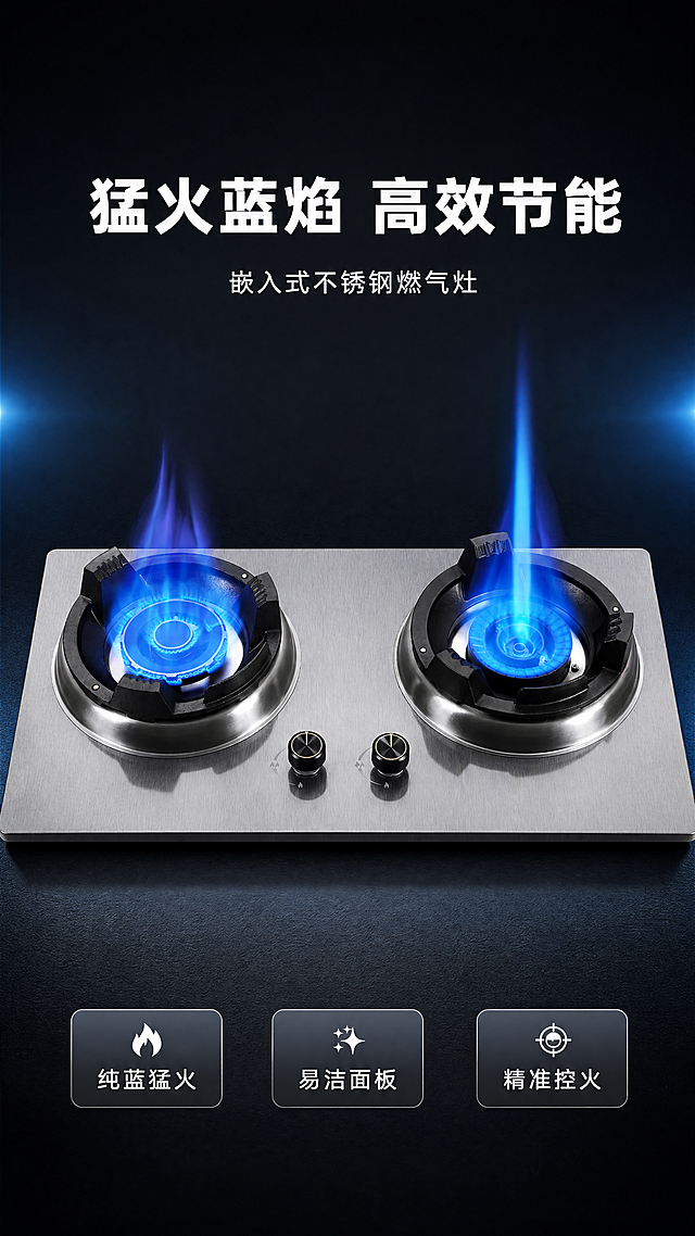 [第1屏] 详情页头图-嵌入式不锈钢燃气灶新品宣传图。本屏使用【图1】作为商品主体，保留燃气灶双炉头、蓝色火焰、拉丝不锈钢面板、黑色旋钮的物理结构、材质质感、颜色与原图一致。[氛围/风格] 深色科技风，商业摄影质感，简约大气，专业厨房家电高级感。[元素布局] 燃气灶放置在画面中下区域，占据65%-70%主体位置，背景上方为深灰色渐变，保留顶部充足标题区域，蓝色火焰突出猛火特点，左右加入淡淡的发光光线点缀，整体画面干净高级。[光影质感] 顶部柔和主光照亮燃气灶整体，底部形成自然投影，蓝色火焰通透清晰，不锈钢拉丝纹理质感真实，产品边缘轮廓分明。[配色色系] 全局底色：#1A1A1A（深灰）；主体配色：#C0C0C0（不锈钢银）+ #0066FF（蓝色火焰）+ #111111（黑色旋钮）；辅助色：#FFFFFF（白色文字）。[视角构图] 正面微俯视，产品居中展示，顶部留给主标题，底部放置卖点标签，构图平衡稳重。[文字版式] 顶部主标题「猛火蓝焰 高效节能」白色粗体，居中，字号为画面宽度的8%；主标题下方副标题「嵌入式不锈钢燃气灶」白色细体；底部三个悬浮卖点标签分别为「纯蓝猛火」「易洁面板」「精准控火」，白色文字灰色底圆角设计，均匀分布，文字不遮挡产品主体。[比例分辨率] 9:16竖版比例，4K分辨率，文字清晰可辨，超高清。[负向提示词] 燃气灶结构变形，缺件错件，颜色偏差，蓝色火焰失真，文字错乱，水印，产品图模糊，背景杂乱