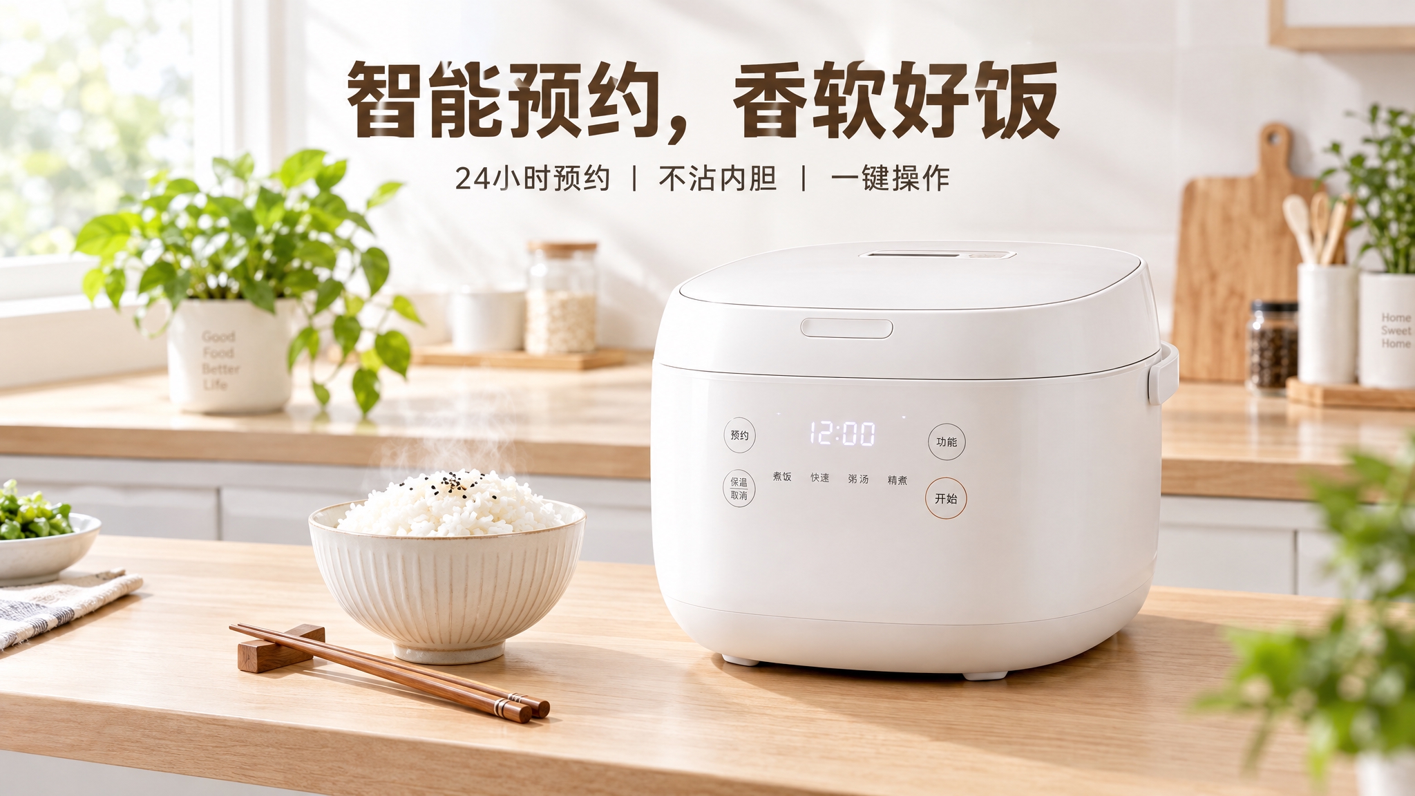 一张现代简约风格的电饭煲电商海报，16:9横版构图，2K高清画… - 图片创意预览